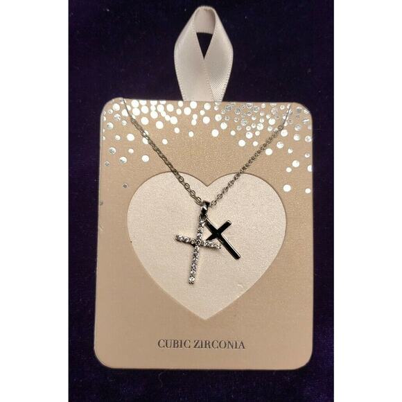 Cubic Zirconia Double Cross Dainty Pendant Necklace in Silver Tone, New - Picture 2 of 5